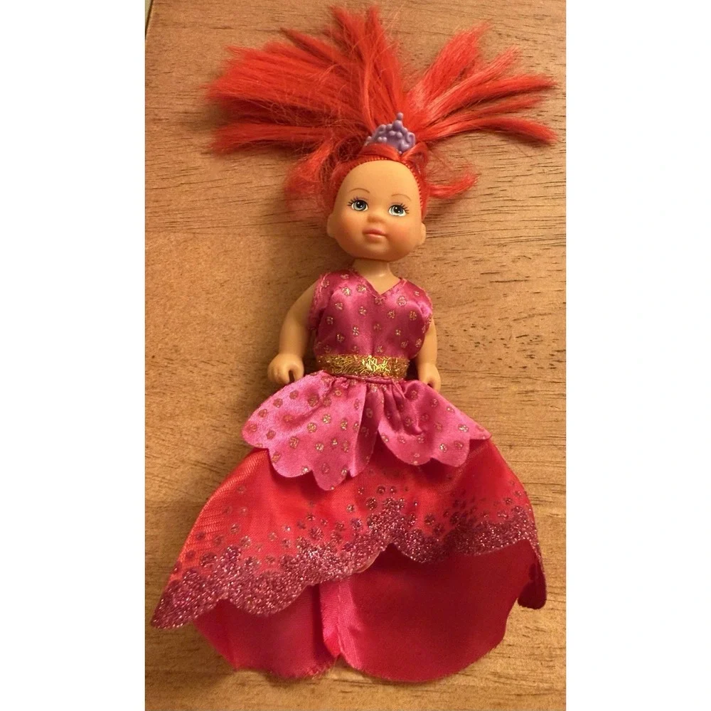 Mini Fashion‎ Doll With Red Hair Red Dress And Purple Crown Blue Eyes